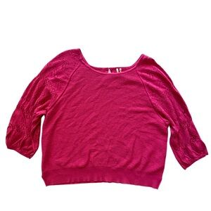 Anthropologie Hot Pink Knit Sweater Top XL 3/4 Sleeve Heart Cutout Scoop Neck